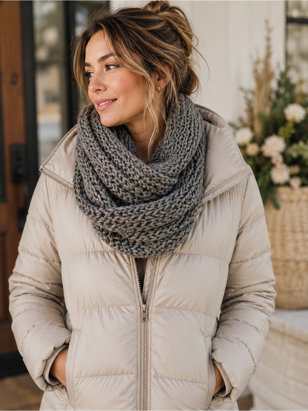 Gray Chunky Knit Infinity Scarf Oversized Cozy Winter Loop Scarf